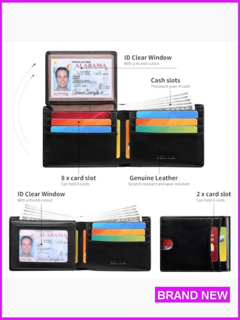 Genuine Leather RFID Blocking Bifold Wallet With ID Windows Classic Slim